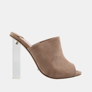 Nude mule sandals with clear lucite heel